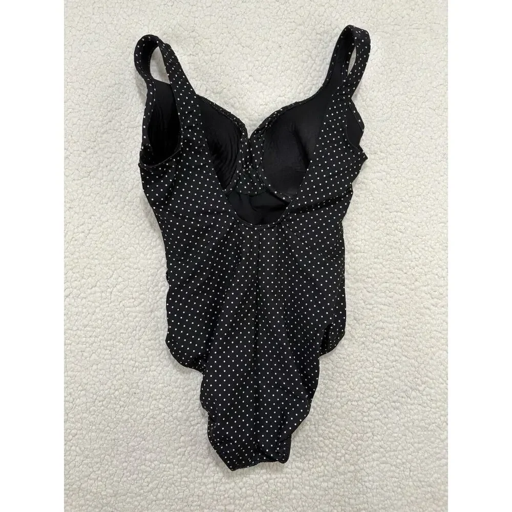 Vtg Miraclesuit Black One Piece Swimsuit Polka Dot Ruched Underwire Shaping Slim